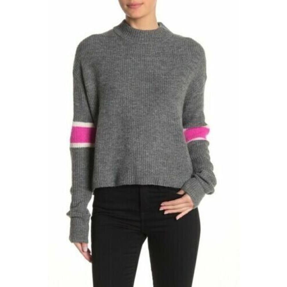 John + Jenn Women's Varsity Stripe Mock Neck Sweater Grey Pink White‎ X-Large